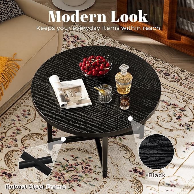 Round Coffee Table, Small Coffee Tables for Living Room, Black Coffee Table with Metal Frame, Floor Table Desk for Sitting on The Floor, Home, Office, Farmhouse, Black (23.6" D x 17.7" H)