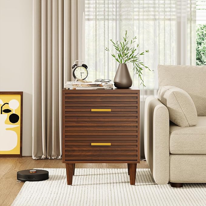 Alohappy Nightstand, Mid Century Modern Night Stands, Fluted Bedside Table for Bedroom, End Table with Storage Drawers, Vintage Bed Side Table Wood Accent Table for Living Room, Brown 1pc - Image 5