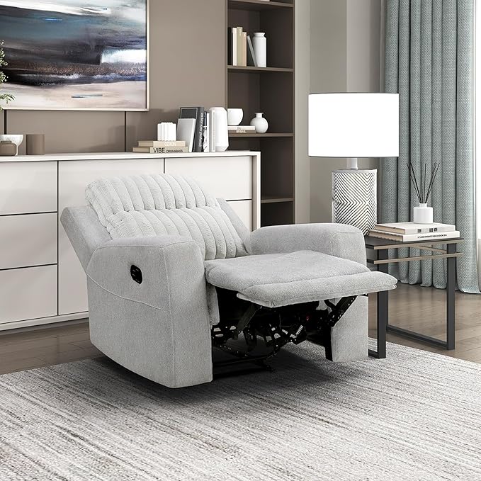 Lexicon Modern Recliner Chair for Living Room, Manual Wall Hugger Textured Microfiber Reclining Chair, Plush Corduroy Channel Seat Back, Manual Recliner, Light Gray
