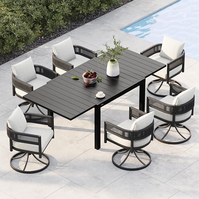 Grand patio 7-Piece Outdoor Dining Set for 6 with 1 Rectangle Expandable Table for 4-6 Person, Metal Woven Wicker Swivel Patio Chairs with Thickened Cushions for Yard, Poolside, Deck (Black) by GrandPatio