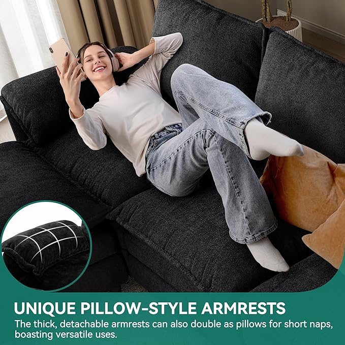 DWVO 142" Modular Sectional Sofa, Modern U Shaped Couch with Movable Ottoman, Pillow-Armrest, Velvet 6 Deep Seat Cloud Couch for Living Room, Black