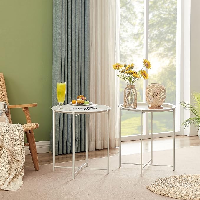 VECELO Side/End Table, Folding Round Metal Anti-Rust and Waterproof Outdoor or Indoor Tray for Living Room Bedroom Balcony and Office, 1 PCS, Beige - Image 4