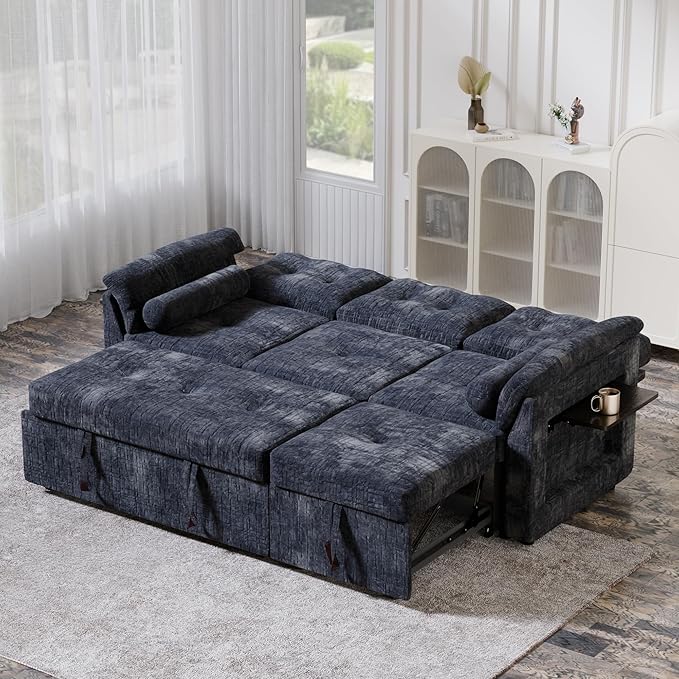 3 in 1 Convertible Sofa Bed, Chenille Pull Out Couch with Side Table, 3 Seat Pull Out Sofa Bed with Level Adjustable Backrest, Comfy Sleeper Sofas for Living Room, Apartment, Blue