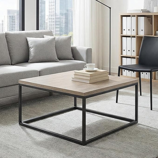 CENSI 30" Square Coffee Table, Grey Wash French Oak Wood Center Table for Living Room, Modern Industrial Metal Frame, Extra Thick 1.2" Top, Rustic Farmhouse Cocktail Table, Easy Assembly
