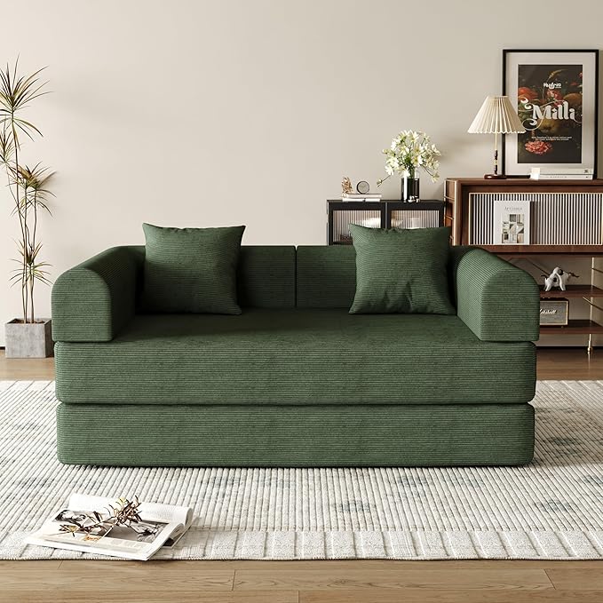 59'' Convertible Compressed Corduroy Folding Cloud Sofa Bed, Modern Boneless Pull Out Loveseat Sleeper in a Box, 4 in 1 Floor Mattress Futon Cloud Couch, No Assembly Needed, Green, 2 Pillows, Queen