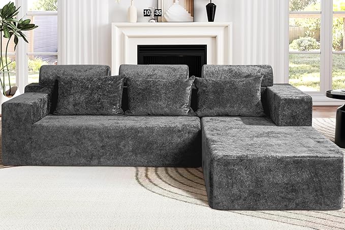 Homguava Modular Sectional Couches for Living Room,105" Cloud Couch with L-Shape Chaise,Comfy Sofa Living Room Couch with Deep Seat,No Assembly L Couch,Luxury Distressed Velvet(Grey,R)