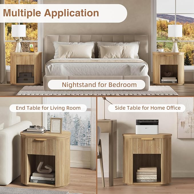 Fluted Nightstand with Charging Station, 23.6" Large Bedside Side Table with Drawer, Wood End Table with Storage, Curved Round Corner, Furniture Bedroom Sofa, Mid Century Modern, Farmhouse Boho,Oak - Image 8