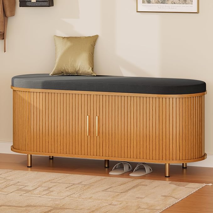 DHH 2-Tier Storage Bench,Wide Shoe Bench with Thickened Padded Seat Cushion, Mid Century Modern Fluted Sliding Door and Adjustable Shelf, for Entryway, Living Room, Bedroom (Yellow Walnut, 43.3“) by DHHFurnitureBuyNow