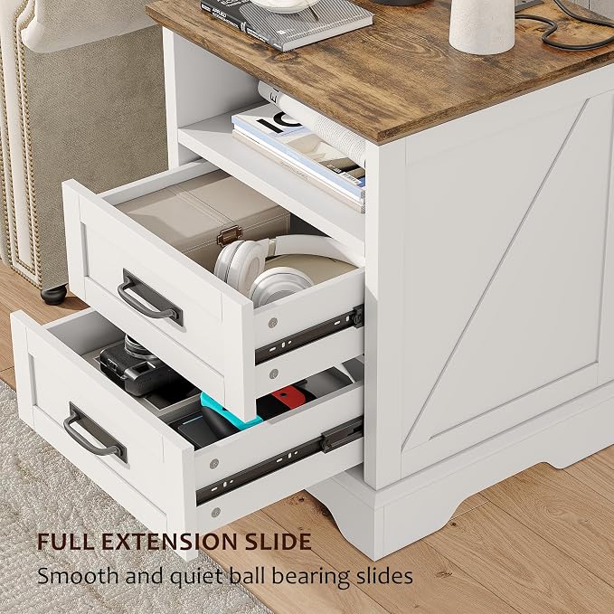Whalefall Farmhouse Night Stand Set of 2, Large 2 Drawers Bed Side Table with Charging Station, 18 inch Wide End Table for Bedroom, Living Room, 2pcs, White - Image 5