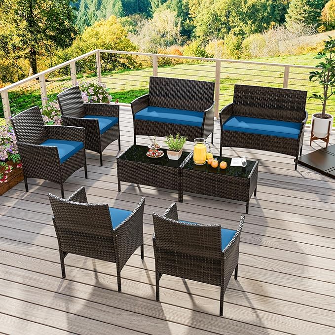 KOTEK 8 Piece Patio Furniture Set, Outdoor Rattan Conversation Set with Loveseat, Wicker Chairs, Tempered Glass Coffee Table, Wicker Patio Set for Backyard, Porch (Peacock Blue)