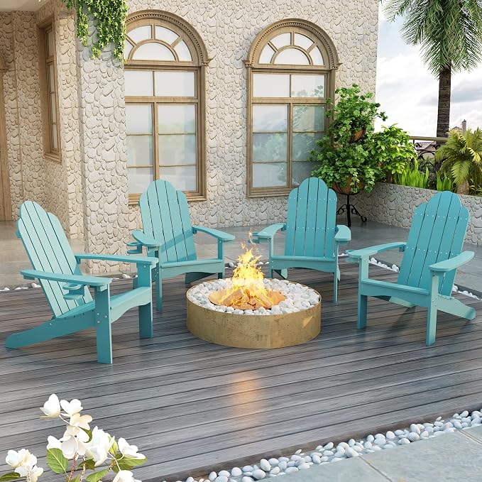 LUE BONA HDPS Adirondack Chairs Set of 4, Fire Pit Outdoor Chair Weather Resistant with Cup Holder, Modern Plastic Chair Plastic for Patio, Deck, Proch, 350LBS, Blue Turquoise by LUEBONA