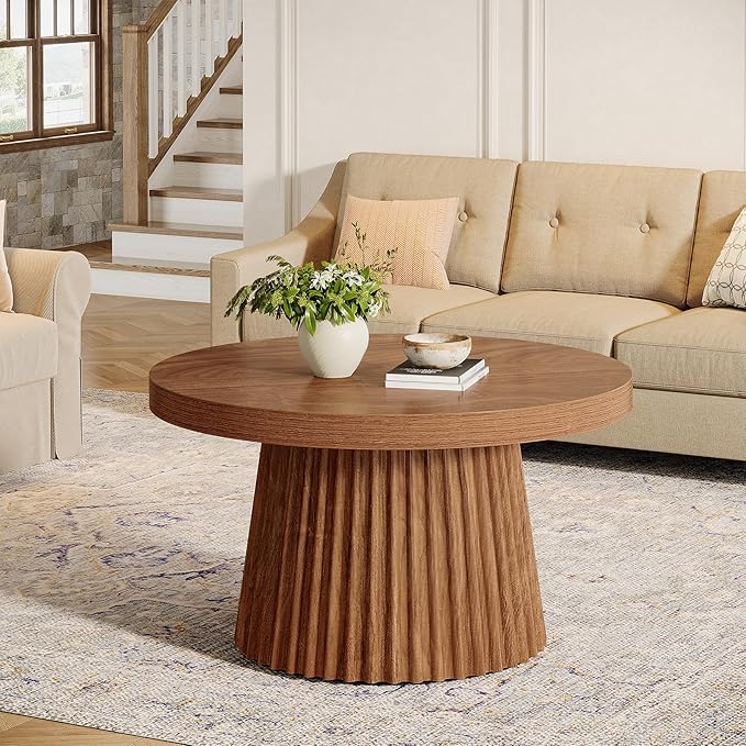 Tribesigns Coffee Table, 31.5" Small Farmhouse Round Coffee Tables with Fluted Drum Base, Mid Century Modern Farmhouse Accent Center Table for Living Room, Apartment, Small Space, Walnut