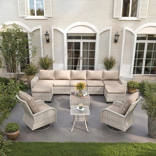 11-Piece Outdoor Patio Furniture Set with Rocking Swivel Chair Wicker Sectional Sofa Set, Patio Conversation Set with Ottomans & Coffee Table for Garden, Backyard, Poolside, Beige