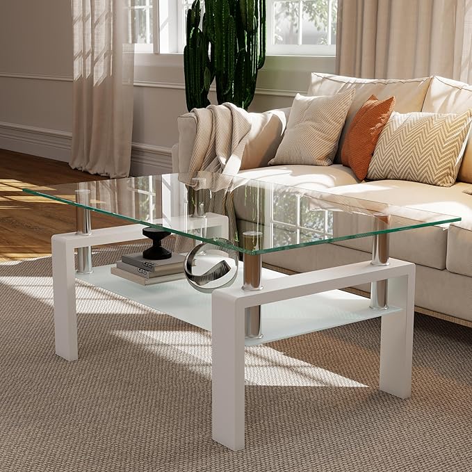 IANIYA Glass Coffee Table, Living Room Rectangle Coffee Table with Tempered Glass & Metal Tube, 2 Layers of Storage Space Modern Tea Table Side Table for Waiting Room Small Space