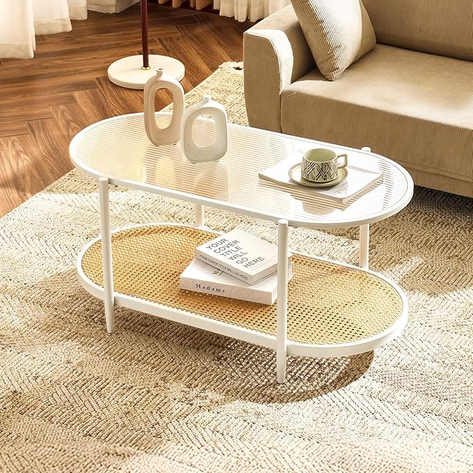 VINGLI 38" Rattan Oval Coffee Table, Glass Metal Center Table, Modern Coffee Tables with 2-Tier Storage, Farmhouse Coffe Table for Living Room and Small Space, White