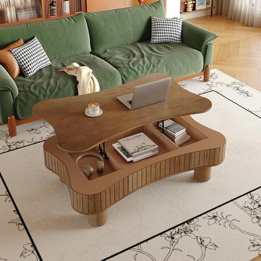 Cloud Lift Top Coffee Table with Storage, 42.52" Modern Lrregular Fluted Coffee Tables with Lifting Top,Cute Low Center Tables for Living Room, Apartment or Office-Walnut