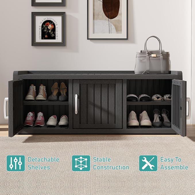 NUNU LAB Shoe Storage Cabinet, Waterproof Shoe Organizer with Adjustable Shelves, UV-Resistant Entryway Shoe Cabinet Bench with 3 Barn Doors for Indoor Outdoor, Foyer, Hallway, Living Room,Black - Image 9