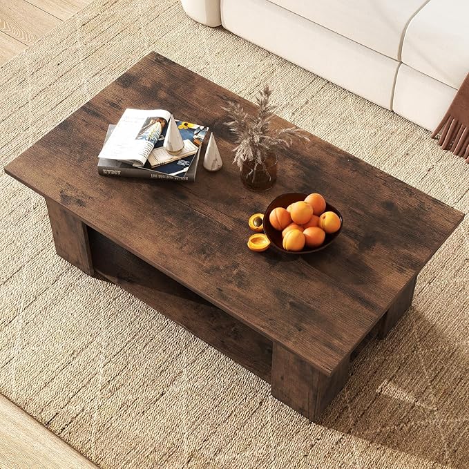 GOFLAME Coffee Table with Storage, Modern Center Table for Small Space, Accent Tea Tables for Living Room, Reception Room, Dining Room, Easy Assembly, Rustic Brown