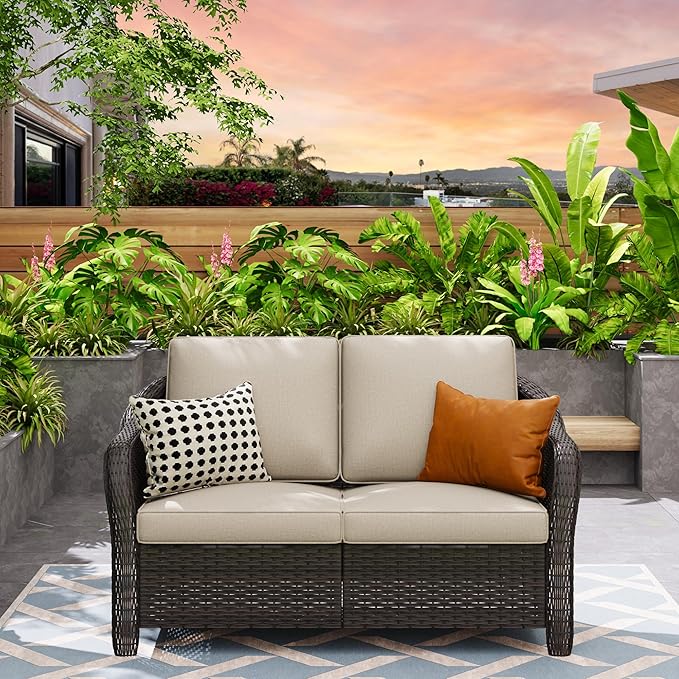 55" Outdoor Loveseat Wicker 2-seat Sofa with Removable Cushions, Conversation Patio Furniture, PE Rattan Couch, Steel Frame Couch with Cushions for Backyard, Deck (Beige)