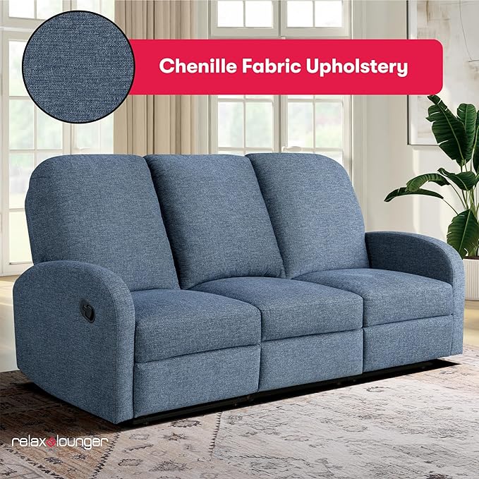 Relax-A-Lounger® Palmdale 79.6" Rocker Manual Pull-Handle Sofa Recliner, Soft Modern, Pocket Coil Comfort, Black Metal Base Leg, Soft Chenille Fabric, Blue