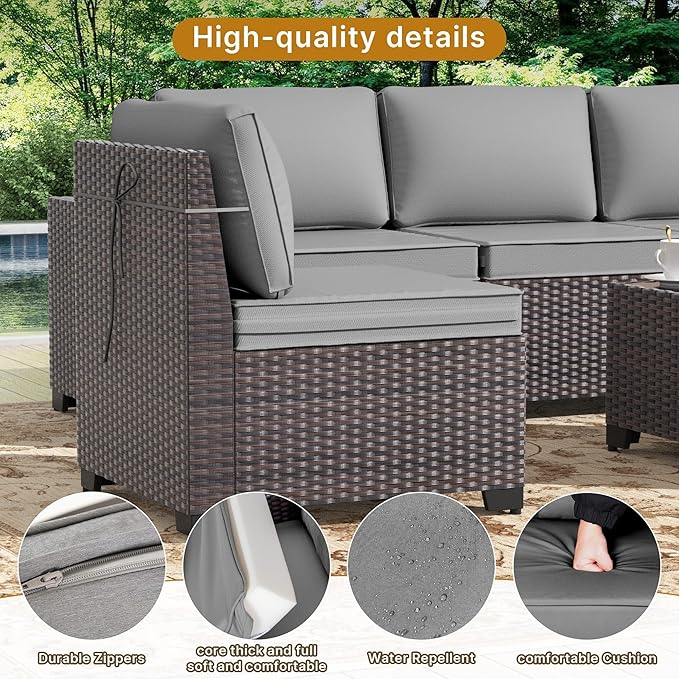 Gotland 12 Pieces Patio Furniture Set, Wicker Outdoor Sectional with Wide Armrests 29.5'' High Backrest 4'' Thick Waterproof Cushions, Oversized Patio Furniture for Deck Garden Gray