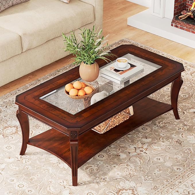 PADMA HOUSE Traditional Wood Coffee Table with Glasstop & Curved Legs, Rectangle Solid Wood Tea Table with Storage Shelf, 2-Tier Glass Center Tables in Cherry for Living Room,47.2 * 23.6 * 17.9in