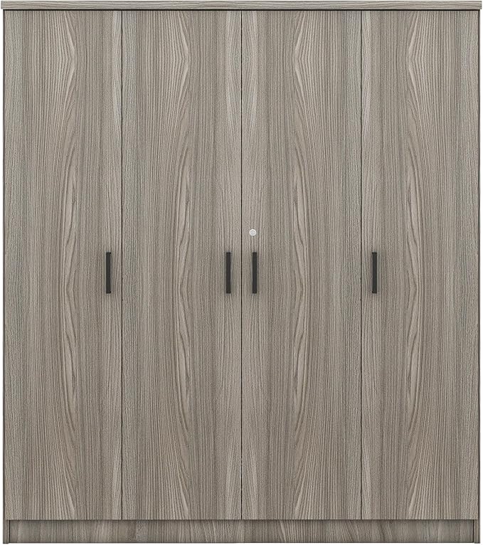 Merax 4 Doors Closet Wardrobe with Hanging Rail, Wood Closet Organizers and Storage with One Drawer and Two 4-Tier Storage Shelves, Top Cabinet for Bedroom, Laundry Room, Gray