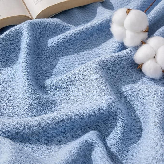 Bedsure GentleSoft 100% Cotton Blanket Full Size for Bed - Breathable and Lightweight, Soft Cozy Textured Herringbone Woven Blanket for Summer Spring, Ashley Blue, 80x90 inches