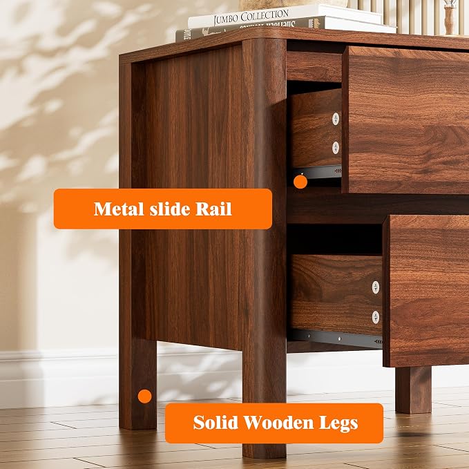 Furniway Mid Century Walnut Nightstand with 2 Drawers, Modern Wooden Bedside Table with Hidden Handles and Solid Wood Legs for Bedroom - Image 4