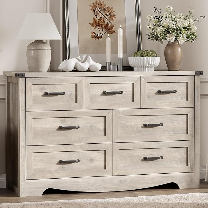 Dresser for Bedroom with 7 Drawers, 58" Wide Wood Chest of Drawers with Deep Drawers & Mental Handle, Modern Dresser TV Stand, Wooden Closet Storage Organizer for Living Room, Hallway, Entryway, Grey - Image 8