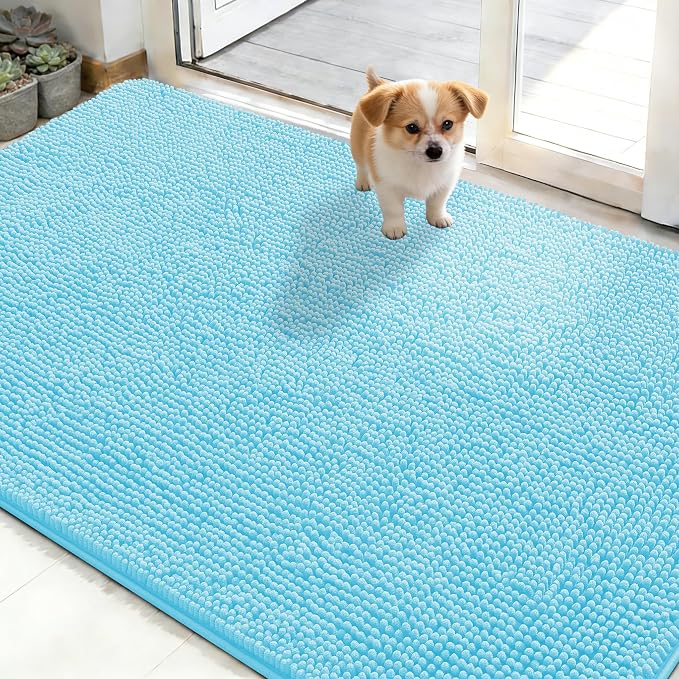 OLANLY Dog Door Mat for Muddy Paws 48x30, Absorbs Moisture and Dirt, Absorbent Non-Slip Washable Doormat, Quick Dry Chenille Mud Mat for Dogs, Entry Indoor Entryway Carpet for Inside Floor, Blue by OLANLY