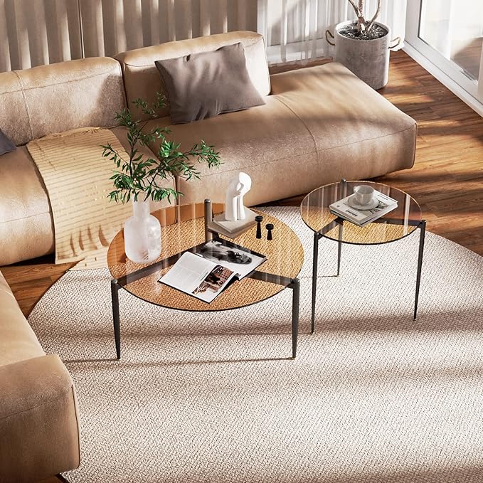 Round Tempered Glass Table 31.5 inch Large Circle Top Metal Frame Brown
