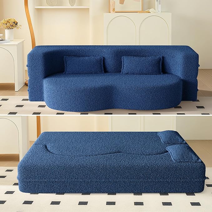 78" Convertible Sofa Bed, 2-in-1 Folding Floor Couch with 2 Pillows, Sleeper Sofa for Living Room and Bedroom, No Assembly Required (Blue, Teddy Fabric)