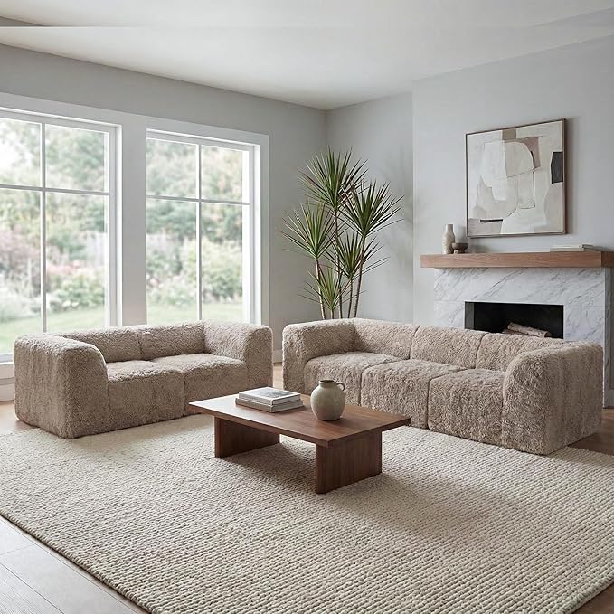 Furniture of America Havyn Modern Faux Fur 5-Seater Modular Sofa and Foam Loveseat Set with Arms & Deep Seat, Compressed Couch in a Box, No Assembly Required, for Living Room and Office, Taupe