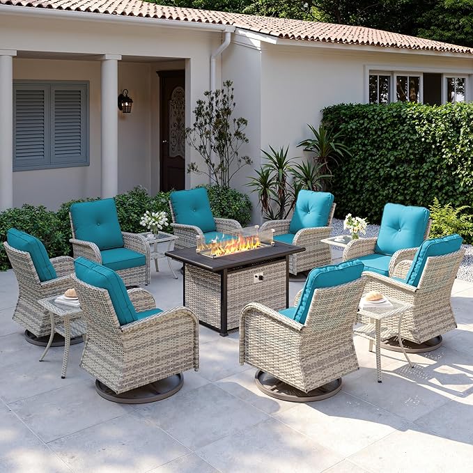 13Pcs Patio Rocking Swivel Chair with 55,000 BTU Fire Pit Table Outdoor Wicker Rattan Bistro Set with Tempered Glass Side Table, Outdoor Patio Furniture Set for Garden and Balcony, Turquoise