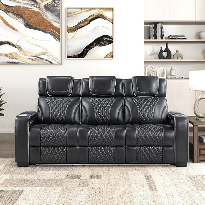 Lexicon Power Double Reclining Sofa, Center Drop-Down Table with Heat/Massage/Headrest/Storage Arms/Cup Holders/LED Lights/Wireless Charging, Top Grain Leather Match Wall Hugger Recliner Sofa, Black