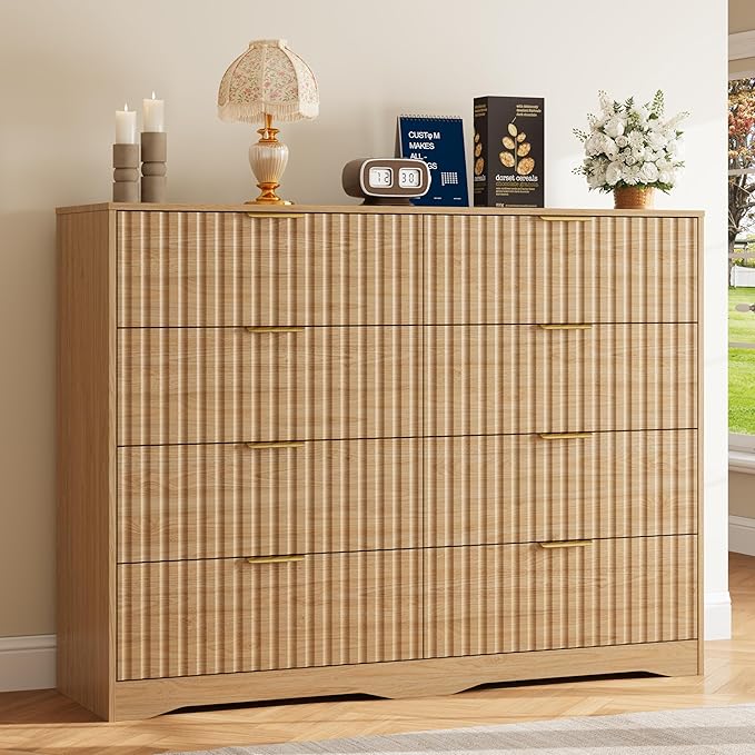 8 Drawer Dresser and Nightstand Sets for Bedroom, Modern Fluted 3 Pcs Bedroom Dresser Furniture Sets, Wood Chest of Drawers and Nightstand Set of 2 with Metal Handles, Natural Oak