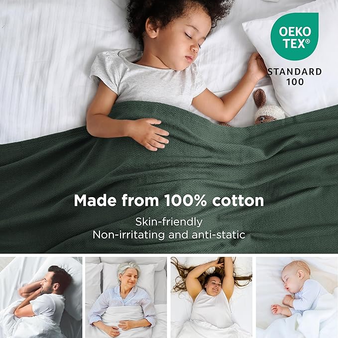 Bedsure GentleSoft 100% Cotton Blanket Full Size for Bed - Breathable and Lightweight, Soft Cozy Textured Herringbone Woven Blanket for Summer Spring, Dark Green, 80x90 inches