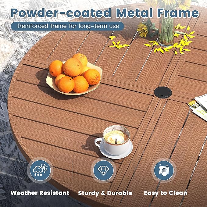 DIFY 11 Pieces Outdoor Patio Dining Set for 10, 59.8" Walnut Round Metal Dining Table and 10 Brown Stackable Sling Dining Chairs, Outdoor Table and Chairs for Lawn Garden Backyard Deck - Image 3