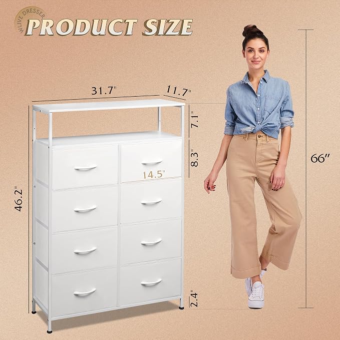 WLIVE Fabric Dresser for Bedroom with Open Shelves, Tall White Dressers with 8 Drawers, Storage Tower with Fabric Bins, Chest of Drawers for Closet, Hallway - Image 3