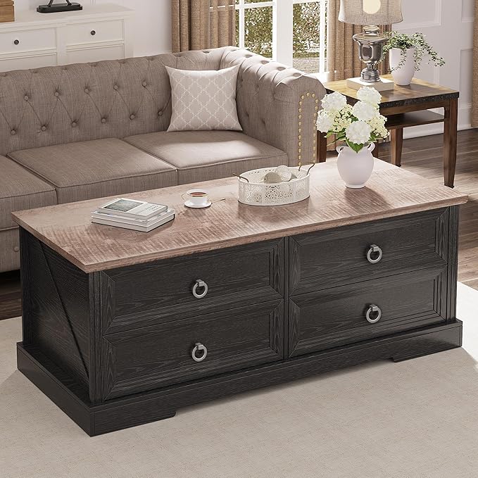 Coffee Table with Storage, 47.2 in Rustic Wooden Center Table with 4 Drawers for Living Room, Easy Assembly Rectangle Home Office Farmhouse Tea Accent Table for Apartment, Oak Black