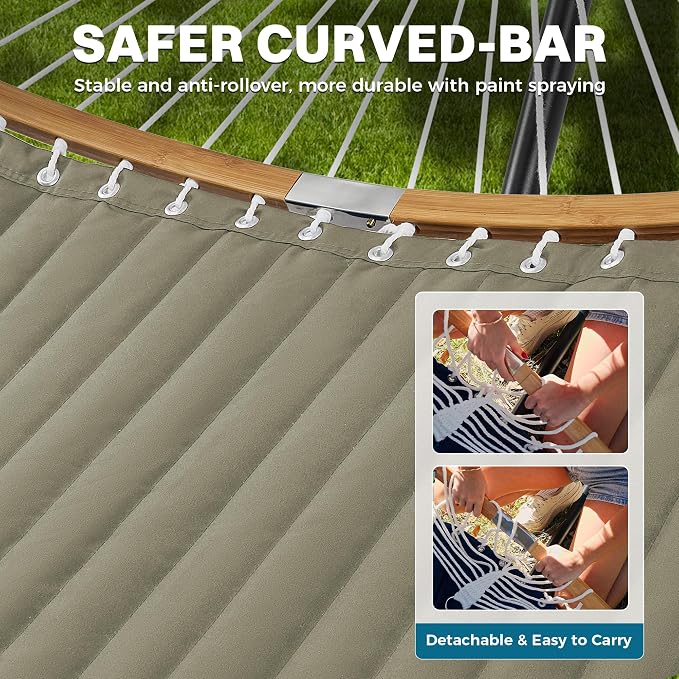 SUPERJARE Curved-Bar Hammock with Stand, 2 Person Heavy Duty Hammock Frame, Detachable Pillow & Portable Carrying Bag, Perfect for Outdoor & Indoor, Olive Gray - Image 7