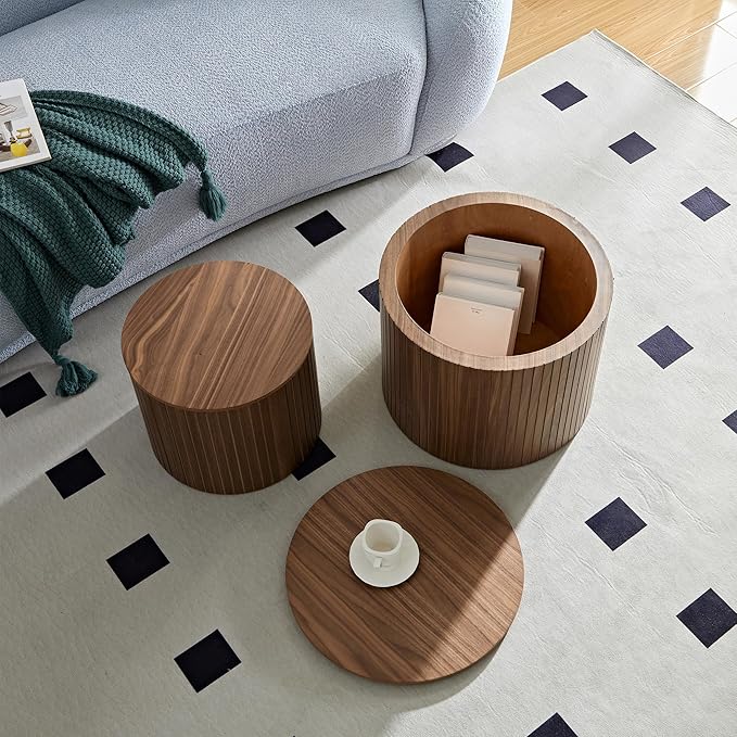 Small Nesting Round Coffee Table Set of 2, Modern Wooden Circle Accent End Side Table for Living Room, Bedroom, No Assembly Required, Brown