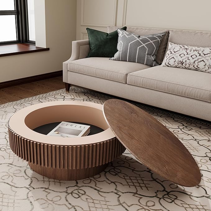 31.5'' Round Coffee Table with Storage, Modern Luxury Circle Drum Center Tables with Solid Wood Veneered, Accent Side Coffee Table for Living Room, Bedroom, Apartment-Walnut