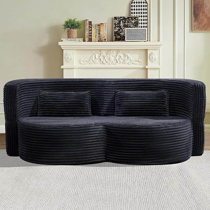 KEIKI 79" Convertible Floor Sofa Bed, Fold ‌Teddy Sleeper Cloud Couch with Storage & Deep Seat, Comfy Upholstery Curved Boneless Futon Couches, 2-in-1 Sofas for Living Room Bedroom, No Assembly, Gray