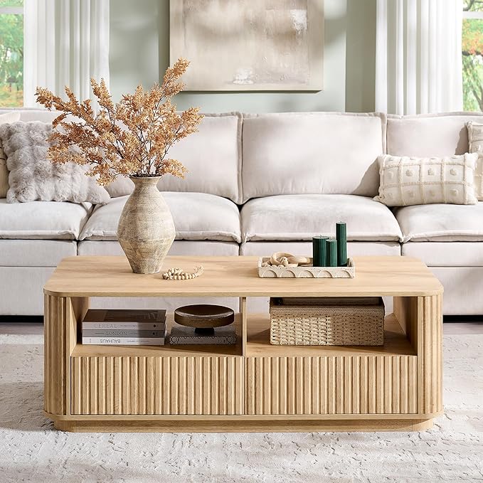 ACCOHOHO 51" Fluted Coffee Table with Storage, Large Modern Center Table with 2 Drawers, Rectangle Wood Coffee Table for Living Room