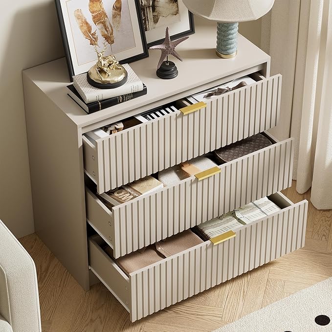 Furniway Beige Dresser Bedroom Set 3 Pieces, Nightstands Sets of 2, 5 Drawer Dresser with Gold Handles for Bedroom