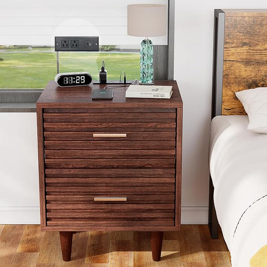 Alohappy Night Stand with Charging Station, Bedside Table with 2 Drawers, Mid Century Modern End Table, Bed Side Table with USB Ports and Outlets, Nightstand for Bedroom, Brown 1pc by Alohappy