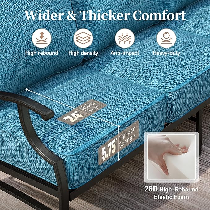 7 Piece Metal Outdoor Patio Furniture Set, Patio Conversation Sets 3-seater Sofa, 2 Fixed Chairs, 2 Swivel Chairs, 2 Ottomans with 5.75" Thick Cushion, Black Backyard Furniture, Blue-2