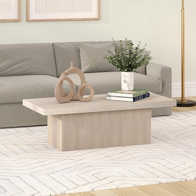 Henn&Hart 48" Fluted Low-Profile Rectangular Coffee Table with Ribbed Base for Living Room, Family Room, or Office, Beech White